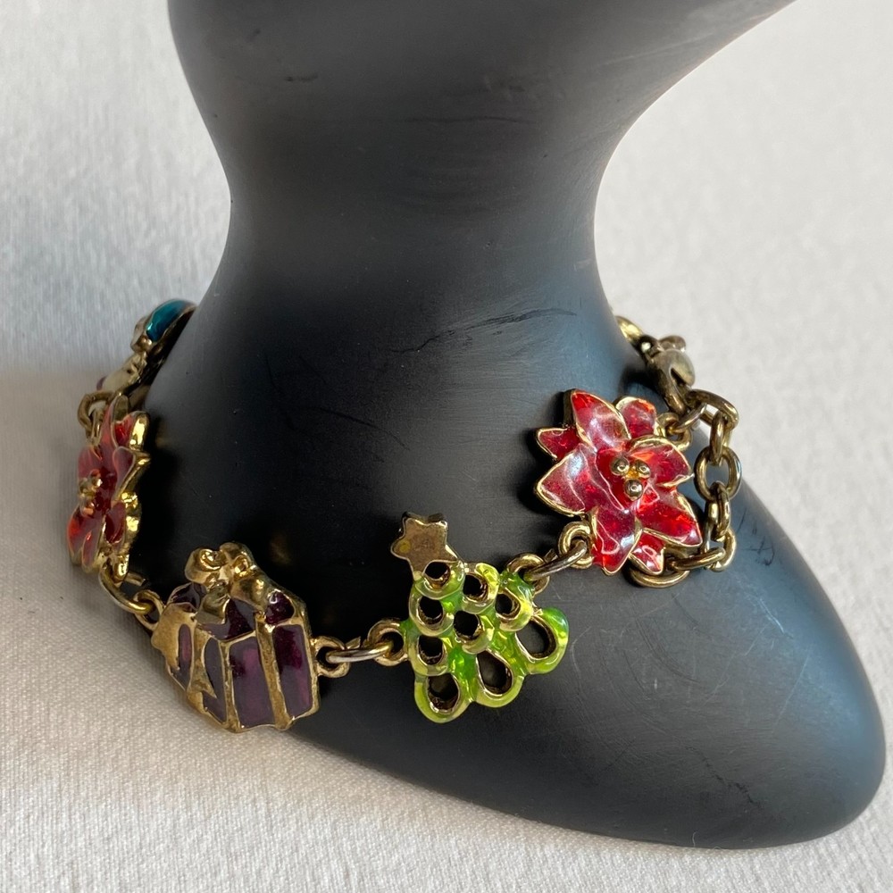 💎Christmas Charm Bracelet Gold Tone Chain Lobster Claw Enamel Coated Charms